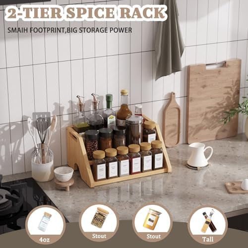 Bamboo Spice Rack Organizer -3-Tier Spice Rack for Countertop,Cabinet Spice Rack Organizer for 18 Spice Jars(4oz)，Step Shelf(Yellow)