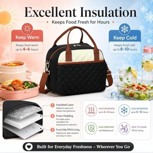 CAMTOP Lunch Box for Women Insulated Lunch Bag Large Lunchbox Cooler Thermal Leakproof Quilted Reusable Lunch Tote Bag for Work School Travel Picnic