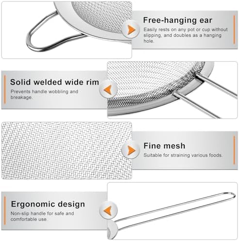 4PCS Fine Mesh Strainer Set, Premium Stainless Steel Fine Mesh Strainers, Food Fine Sieve with Non-Slip Handle, Perfect for Juice, Baking Flour, Drinks, Cocktails, Rice, Jam, Tea(2.8"/3.2"/3.9"/4.7")