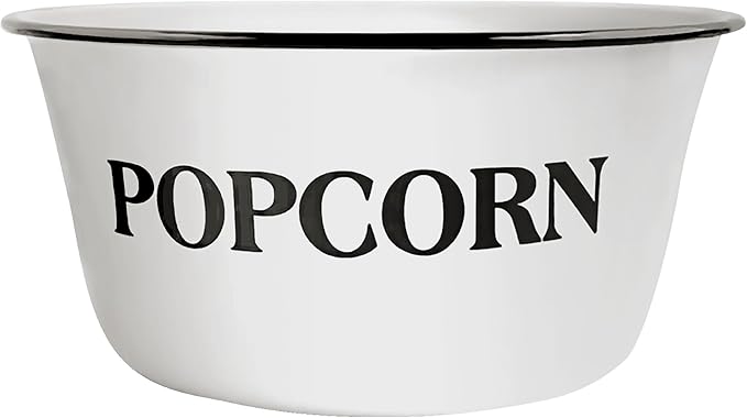 CWI 3.7-Quart Enamelware Popcorn Bowl - Round White Dish with Black Touches for Cinema Nights and Camping - Classic White with Black Rim, Durable (1 bowl)
