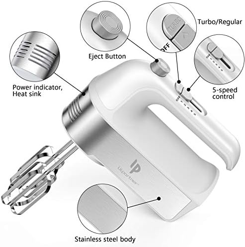 Hand Mixer Electric, 450W Kitchen Mixers with Scale Cup Storage Case, Turbo Boost/Self-Control Speed + 5 Speed + Eject Button + 5 Stainless Steel Accessories, For Easy Whipping Dough, Cream, White