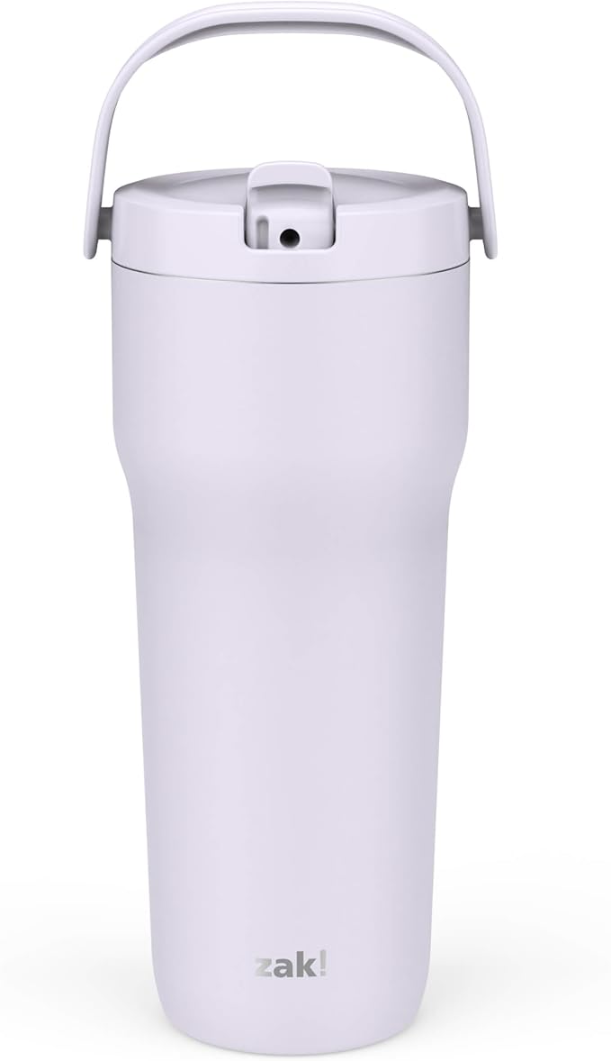 Zak Designs Sutton Travel Tumbler for On the Go, 30oz Stainless Steel with Vacuum Insulation, Straw Spout, Carry Handle for Cold Drinks (Smoky Lilac Purple)