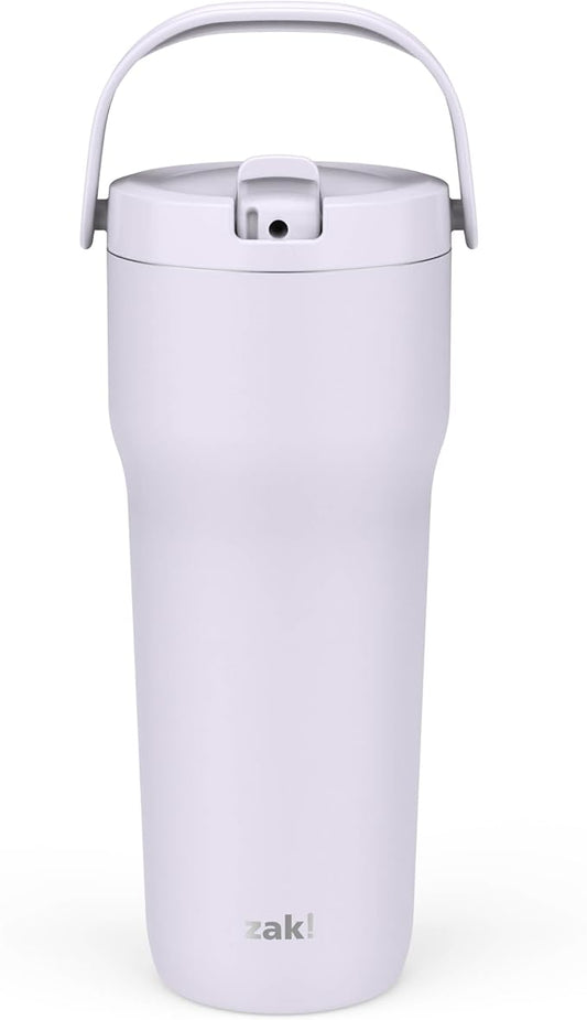 Zak Designs Sutton Travel Tumbler for On the Go, 30oz Stainless Steel with Vacuum Insulation, Straw Spout, Carry Handle for Cold Drinks (Smoky Lilac Purple)
