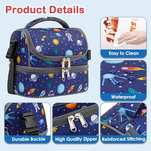 FlowFly Kids Double Decker Cooler Insulated Lunch Bag Large Tote for Boys, Girls, Men, Women, With Adjustable Strap, Astronaut