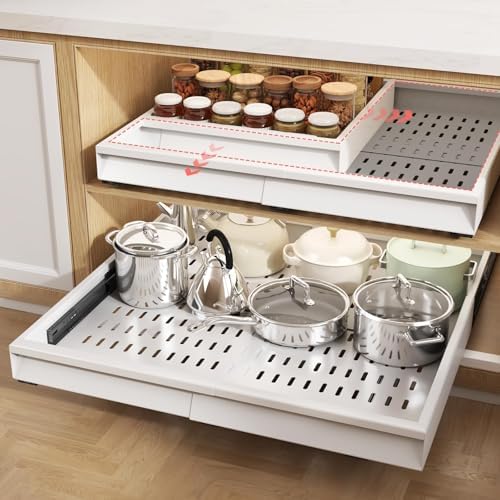 Seinloes Pull Out Cabinet Organizer, 4-Side Expandable to Fit Most Cabinets, 3 Rail Slide Out Drawers with Raising Pad for Framed & Frameless Cabinets, 15"-25" W x 17"-24" D, White, 2 Pack