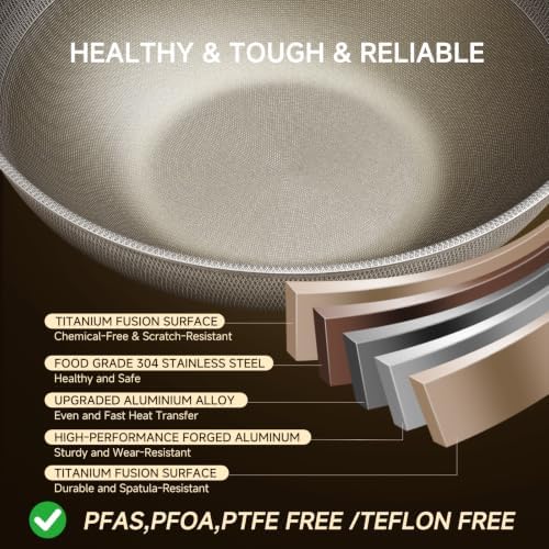 13" Titanium Hybrid Woks with Lid & Stir-fry Pans Nonstick, Induction