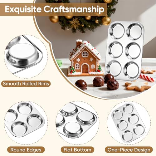 TeamFar Muffin Top Pan, 6 Cavity Stainless Steel Shallow Cupcake Pan
