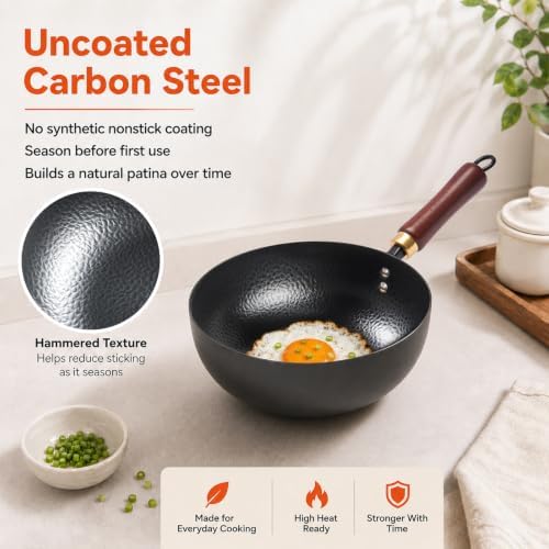 WANGYUANJI 8-Inch Carbon Steel Wok with Lid, Flat Bottom, Gas and Induction