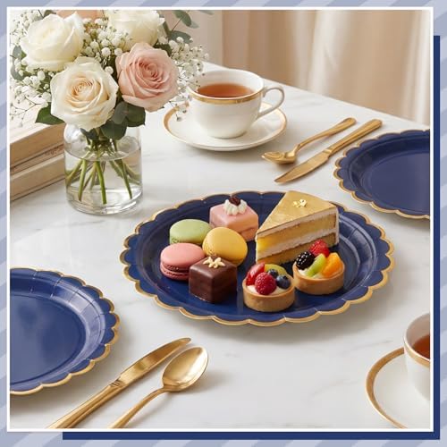 NatNarr 30 Pk Navy Blue Paper Plates 9" Scalloped Blue Gold Party Plates
