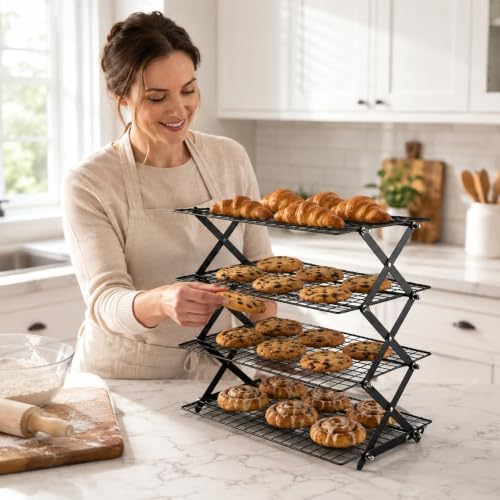 4 Tier Collapsible Cooling Racks for Baking, Adjustable Wire Cooling Rack, Stackable Roasting Cooking Drying Cooling Racks for Cookies, Bread and Picnic Party Must Haves