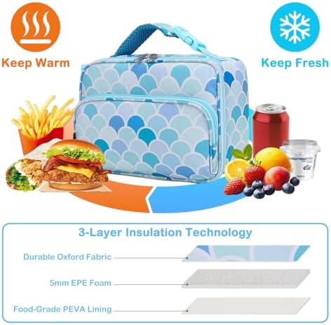 FlowFly Kids Lunch box with buckle Insulated Cooler Back to School Thermal Meal Tote Kit for Girls, Boys (Mermaid)