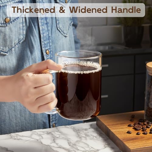 Glass Coffee Mugs, 20 oz Ice Coffee Cups Set of 6, Large Clear Tea Cups, Glass Mugs with Handles for Hot Beverages, Glass Cups for Latte, Cappuccino, and Tea