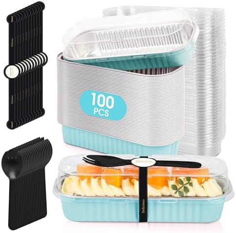 100 Pack Mini Cake Pans with Lids and Spoons, Disposable Aluminum Foil Cake Tins（6.8oz） Individual Small Cake Baking Containers for Party, Wedding, Birthday