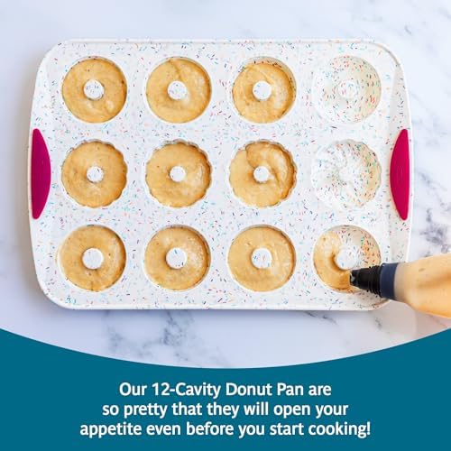 Trudeau 12-Cavity Donut Pan – Nonstick Baking Mold for Homemade Donuts, White Confetti/Fuchsia – Easy Release, Dishwasher Safe