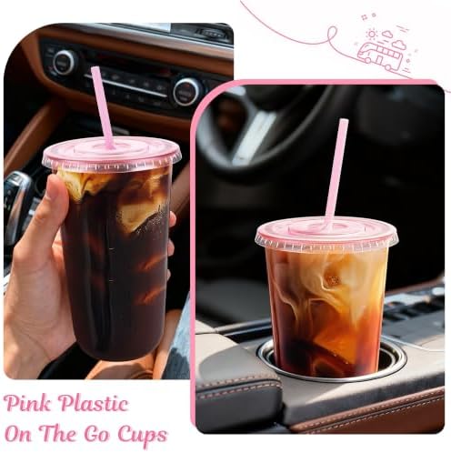 tchrules 100 Set 18oz Pink Plastic Disposable Cups with Lids and Straws