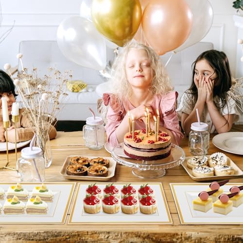 Mwellewm 12 Pcs White Plastic Serving Trays with Gold Rim, 14''x9'' Rectangle Dessert Trays for Dessert Table, Disposable Platters Cookie Cupcake Gold Serving Tray for Birthday Party Wedding
