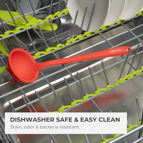 Elihome Classic 10.5 inch Silicone Soup Ladle Cooking Spoon: 600ºF Heat Resistant 2 oz Non-stick Seamless Rubber Kitchen Deep Serving Spoon with Non Slip Long Handle for Cooking Sauce Stews Gravy Red
