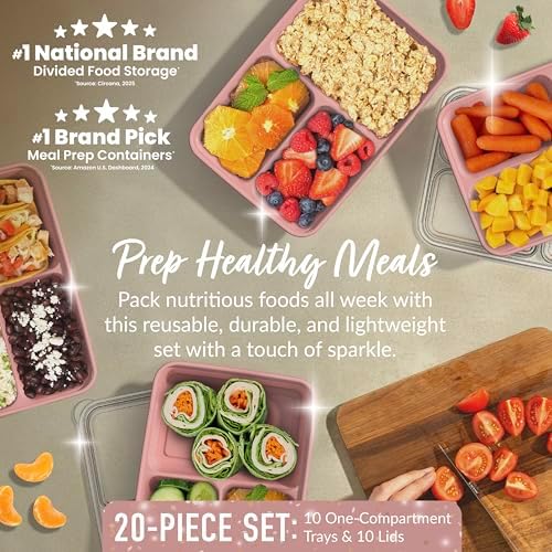 Bentgo Prep - 20-Piece 3-Compartment Reusable Meal Prep Containers with Lids, PFAS & BPA Free Materials, Durable, Microwave, Freezer, & Dishwasher Safe To Go Food Storage (Rosette Glitter)