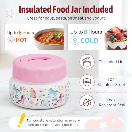 Bento Box for Kids with Thermo Food Container (9oz), 4-Compartment Lunch Box, Adjustable Divider, Leakproof Bento Lunch Box, Includes Utensils & Carry Bag for School, Office(White-Horse)
