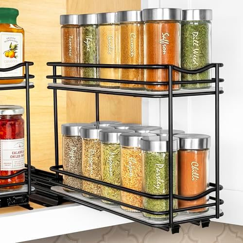 LYNK PROFESSIONAL® Pull Out Spice Organization for Cabinets - 4-3/8 inch Wide – Spice Rack for Inside Cabinets, Slide Out Spice Rack Organizer for cabinet – Pull Out Spice Rack, Sliding 2 Tier Black
