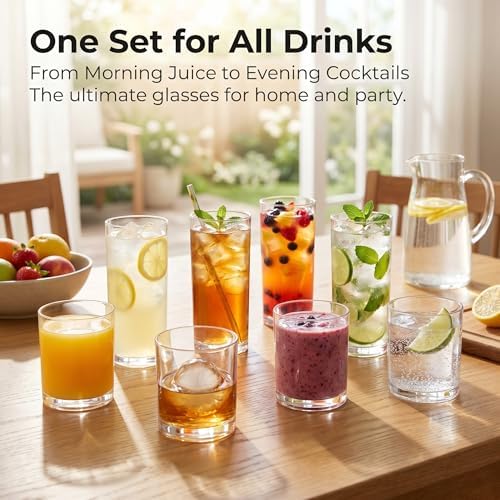 Meolibour® Acrylic Drinking Glasses Set of 8, 14oz Rocks & 20oz Water Cups, Unbreakable Plastic Drinkware, Clear Kitchen Tumblers for Home Outdoors, Reusable, BPA-Free, Top-Rack Dishwasher Safe