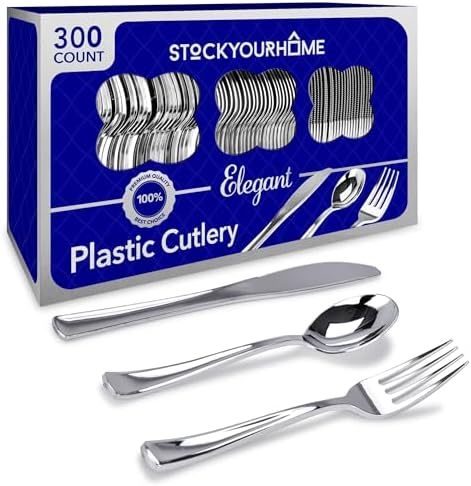 Silver Plastic Cutlery Set 300 Pack Disposable Silverware Heavy Duty Plastic 100 Forks, 100 Knives, 100 Spoons for Catering Events, Parties, Dinners, Weddings, Everyday Use, Stock Your Home