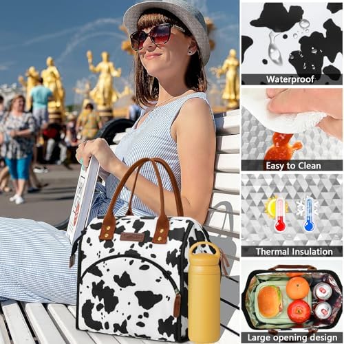 LOKASS Lunch Box for Women-Insulated Adults Lunch Bag with Front Pocket-Cute Lunch Tote for Work-Reusable Cow Print Cooler Bag for Office Picnic Beach or Travel