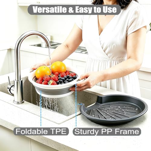 Collapsible Colanders Food Strainers, 3-Pack Foldable Kitchen Strainers with Over-Sink Water Draining Tray, Space Saving Kitchen Drainer for Vegetables, Fruit, Pasta and Rice (White-Gray)
