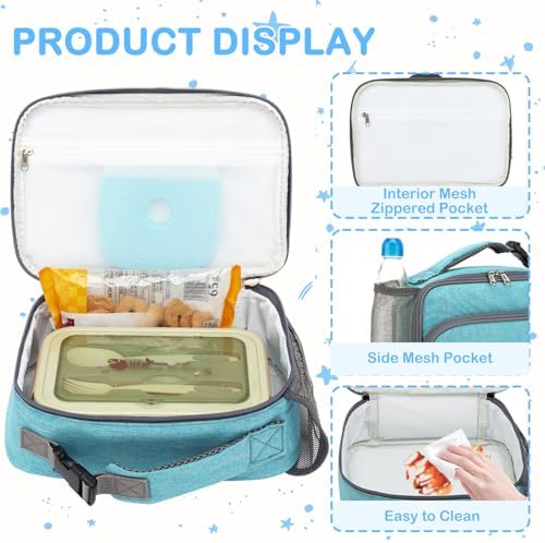 FlowFly Kids Lunch box Insulated Soft Bag Mini Cooler Back to School Thermal Meal Tote Kit for Girls, Boys, Sea Blue