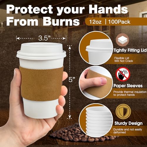 Ginkgo 100 Pack 12 oz Leak-Proof Coffee Cups with Lids and Sleeves