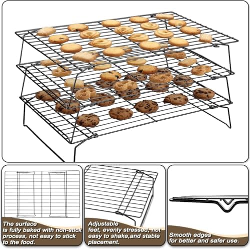 Pleafind Stackable Cooling Rack Set - 3 Pieces 16 x 10 Inch Stainless Steel Roasting Rack, Heavy Duty Cooling Racks for Cooking and Baking, Oven and Dishwasher Safe Bacon Rack, Black