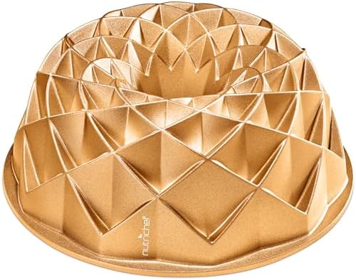 NutriChef 9-Inch Cake Pan - 9 Cups Nonstick Heavy Cast Aluminum Cake Mold for Baking - French Wreath Design for Uniform Baking - Easy to Clean, Gold