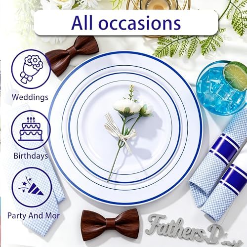 WELLIFE 210 Piece Blue Disposable Dinnerware Set,Plastic Plates for Party, Include: 30 Dinner Plates, 30 Dessert Plates, 30 Pre Rolled Napkins with Gold Silverware and 30 Gold Cups