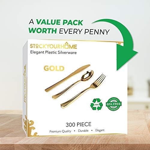 Gold Plastic Silverware Set (300-Pack) – Disposable Heavy Duty Cutlery, 100 Forks, 100 Knives, 100 Spoons for Parties, Weddings, Dinners & Holidays, Stock Your Home