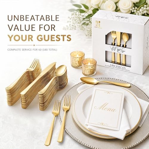 WDF 180 Count Gold Plastic Silverware Set - Heavy Duty Disposable Cutlery (60 Forks, 60 Knives, 60 Spoons) - BPA-Free Gold Flatware for Wedding/Fall Party/Baby Shower/Thanksgiving/Christmas