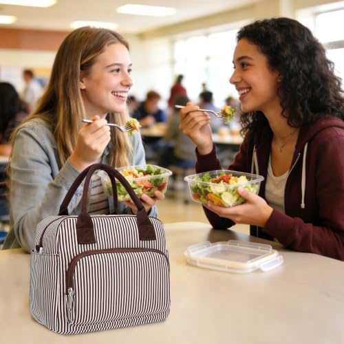 GASSDA Lunch Box for Women Insulated Lunch Bag Women Adult Cute Lunch Bags Reusable Lunchbox Cooler Tote Bag for Work Picnic (Coffee with white stripes)