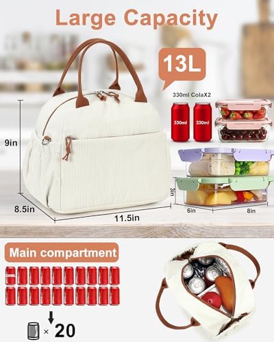 Bluboon Lunch Bag for Women Men Cute Corduroy Lunch Tote Bags Reusable Insulated Lunch Box Large Capacity Reusable Insulated Cooler for Work Picnic or Travel