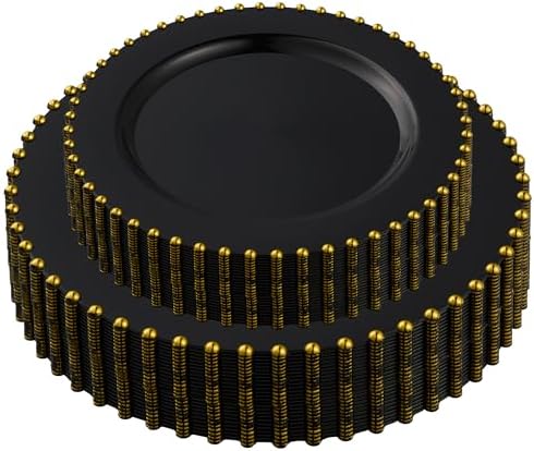 PLASTICPRO 64 Piece Combo Plastic Dinner Plates Disposable Plastic Fancy Heavy Duty Party Dishes 7 inch and 10 inch, Black and Gold Beaded