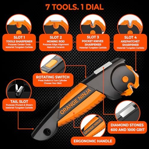Orange Ninja 7-in-1 Garden Tool & Knife Sharpener- One Tool for Every Blade