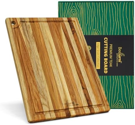 BEEFURNI Teak Wood Board with Juice Groove & Hanging Hole (14x10x0.6")