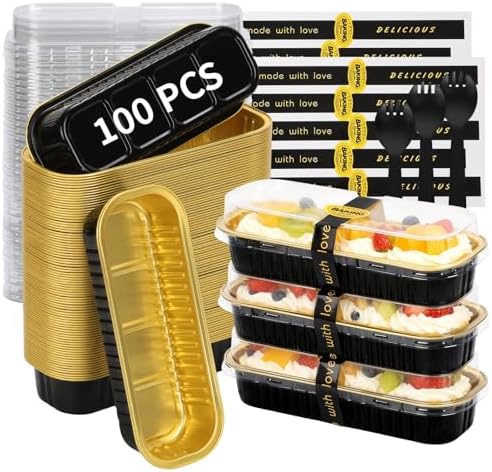 100 Pack 6.8 oz Rectangular Mini Loaf Pans with Lids and Spoons,Disposable Aluminum Foil Mini Cake Pans and Baking Tins with Sealing Stickers, Individual Black Dessert Containers for Parties