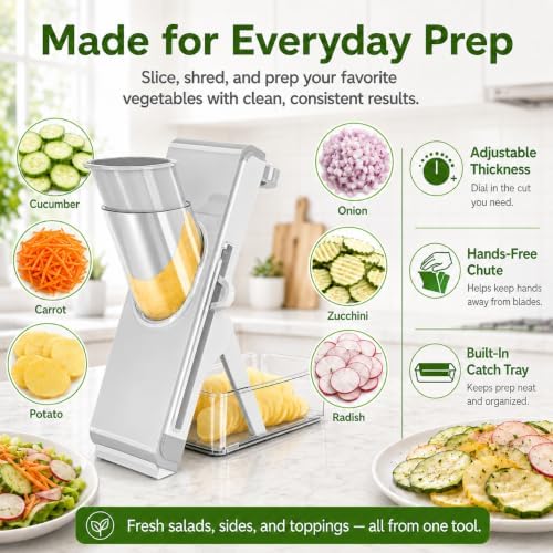 Safe Mandoline Slicer for Kitchen, Vegetable Slicer with Container, French Fry Cutter, All in 1 Julienne Slicer for Potato, Thickness Adjustable, Detachable Blade (Gray)