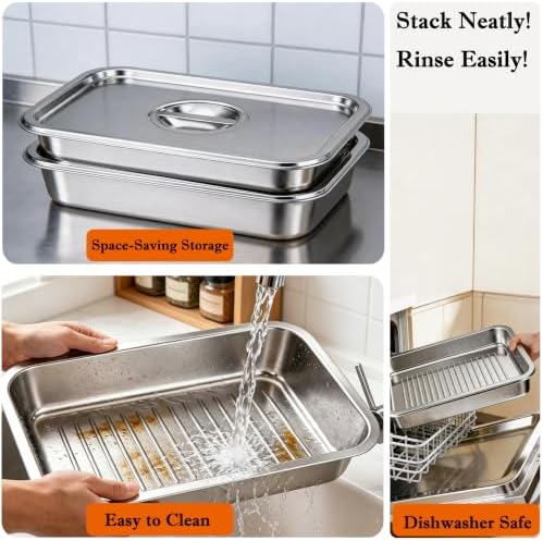 Grill Prep Tray & Serving Tray Set with Lids –5-Piece Grill Carry System for Marinating, Carrying & Serving, Stainless Steel BBQ Trays, BBQ Prep Grill Pan with 2 Lids and 1 Rack