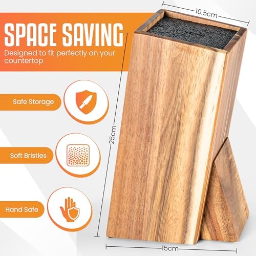 Acacia Wood Angled Knife Block with Multi-Purpose Holder – Universal Kitchen Knife Storage with Removable Bristle Insert (cinamon, regular medium)