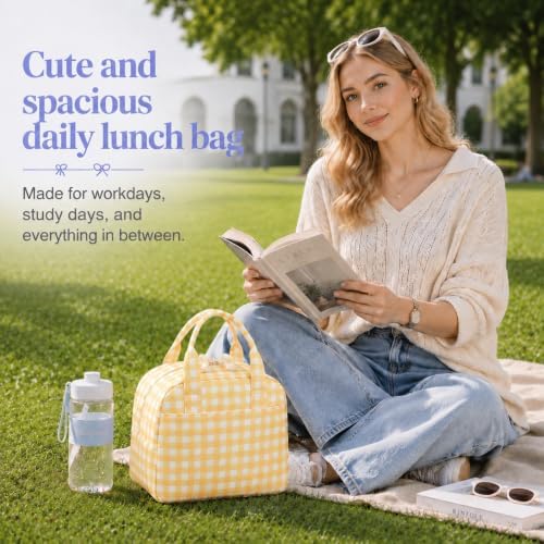 LOVELYWIND Lunch Bag for Women, Insulated Lunch Box, Yellow Gingham Tote