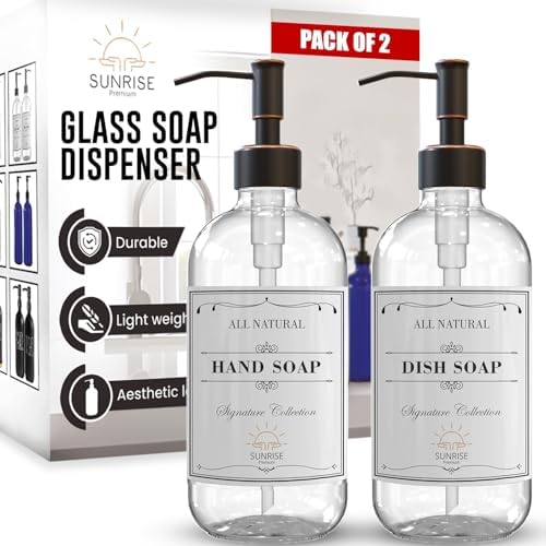 Sunrise Premium Clear Glass Soap Dispenser, Rubbed Bronze with Pump, 2 Pack