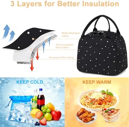 Bluboon Lunch Box for Women Cute Lunch Bag Reusable Insulated Lunch Bags Large Capacity Lunchbox Cooler for Work Picnic or Travel Gifts (Polka Dot Black, 10 x 7.5 x 8 inches)