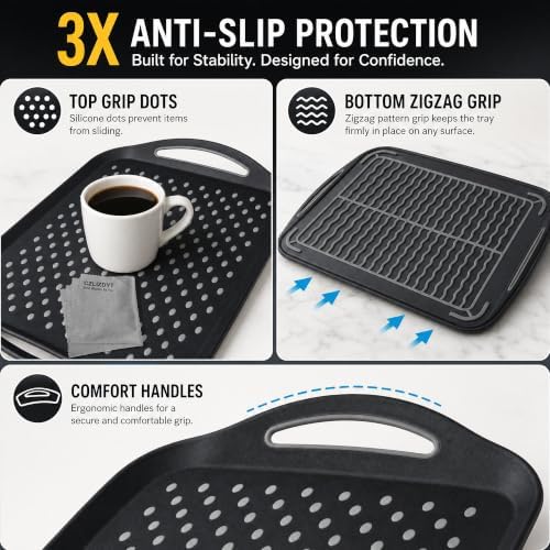 Large Nonslip Serving Tray with Handles, Silicone Grippy Dots Lap Food Trays for Eating, Dishwasher Safe Serve for Breakfast Dinner Snack Fruit Appetizers Beverage, Rectangular, Set of 2, Black