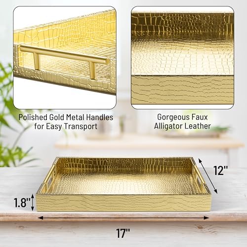 ATZYmolin 17"x12" Leather Serving Tray, Gold Handle Vanity Platter, Gold