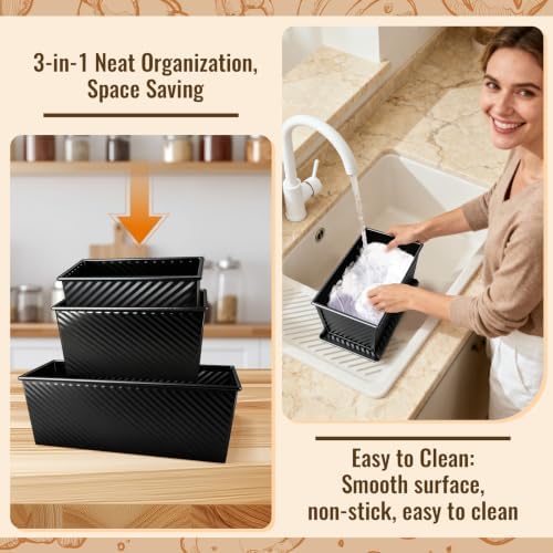 3 Pack Pullman Loaf Pans, Bread Pans with Lids, Black